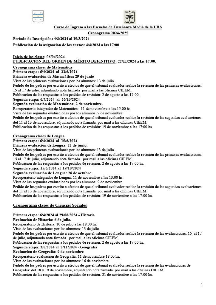 Cronograma Curso de Ingreso 2024 2025